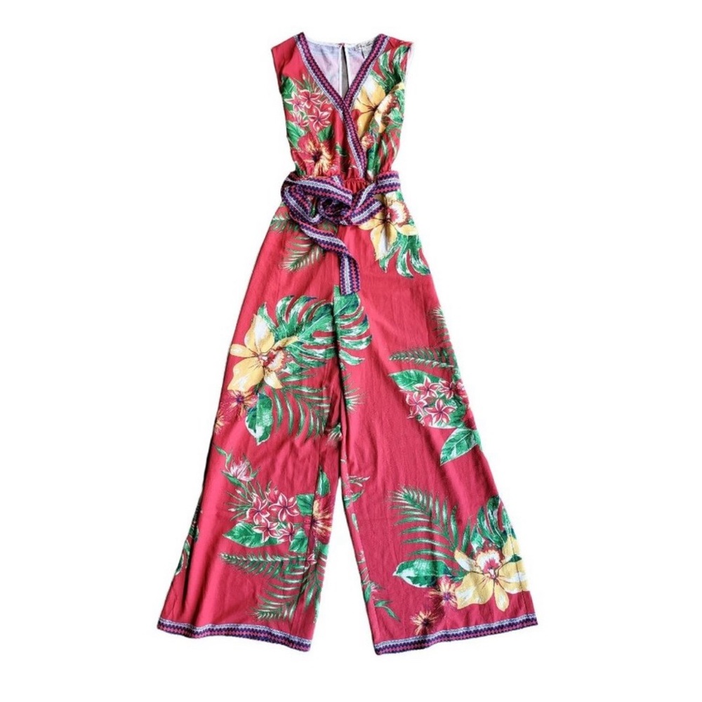 Flying Tomato Jumper Small Womens Red Floral V Neck Sleeveless 1 Piece Open Back